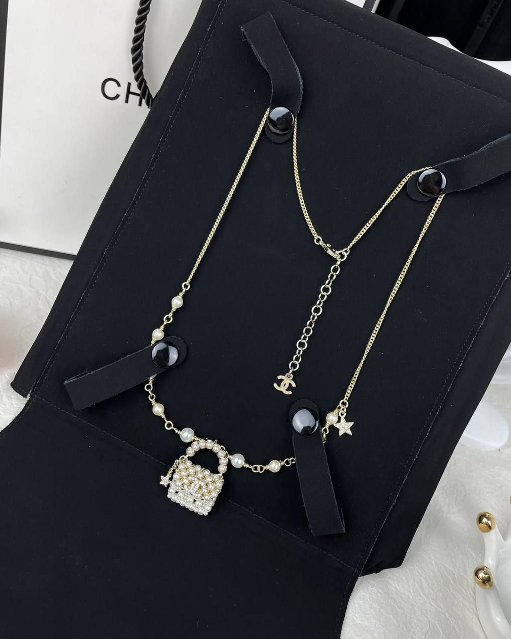 Chanel Inspired Pearl Flap Bag Pendant Necklace – (Premium Quality - Copy One) | D-E32 – Image 2
