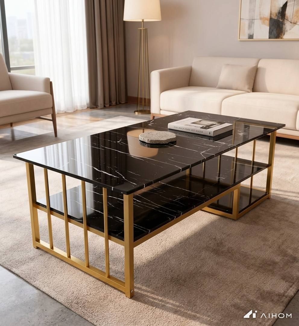 Modern Black Marble Coffee Table with Gold Frame for Living Room UAE | D-E49 – Image 4