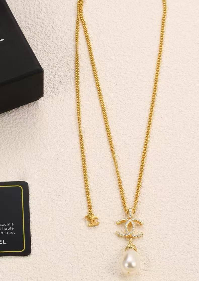 Chanel Inspired Pearl & CC Emblem Necklace (Master Copy) - Gold Crystal Pave Pendant | D-E32 – Image 2