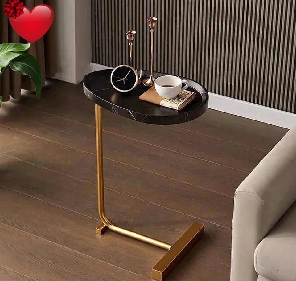 Modern Wooden C-Shape Side Table with Gold Metal Frame for Living Room UAE | D-E49 – Image 3
