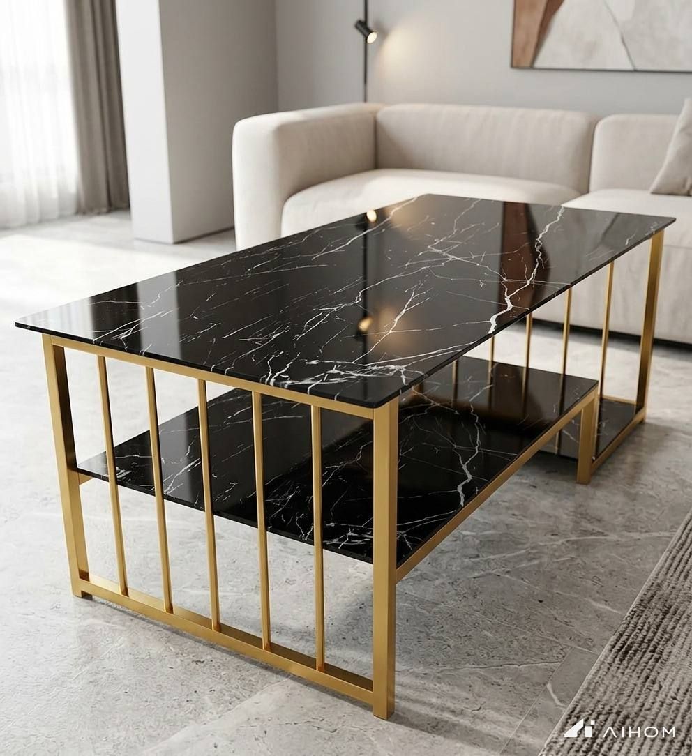 Modern Black Marble Coffee Table with Gold Frame for Living Room UAE | D-E49 – Image 3