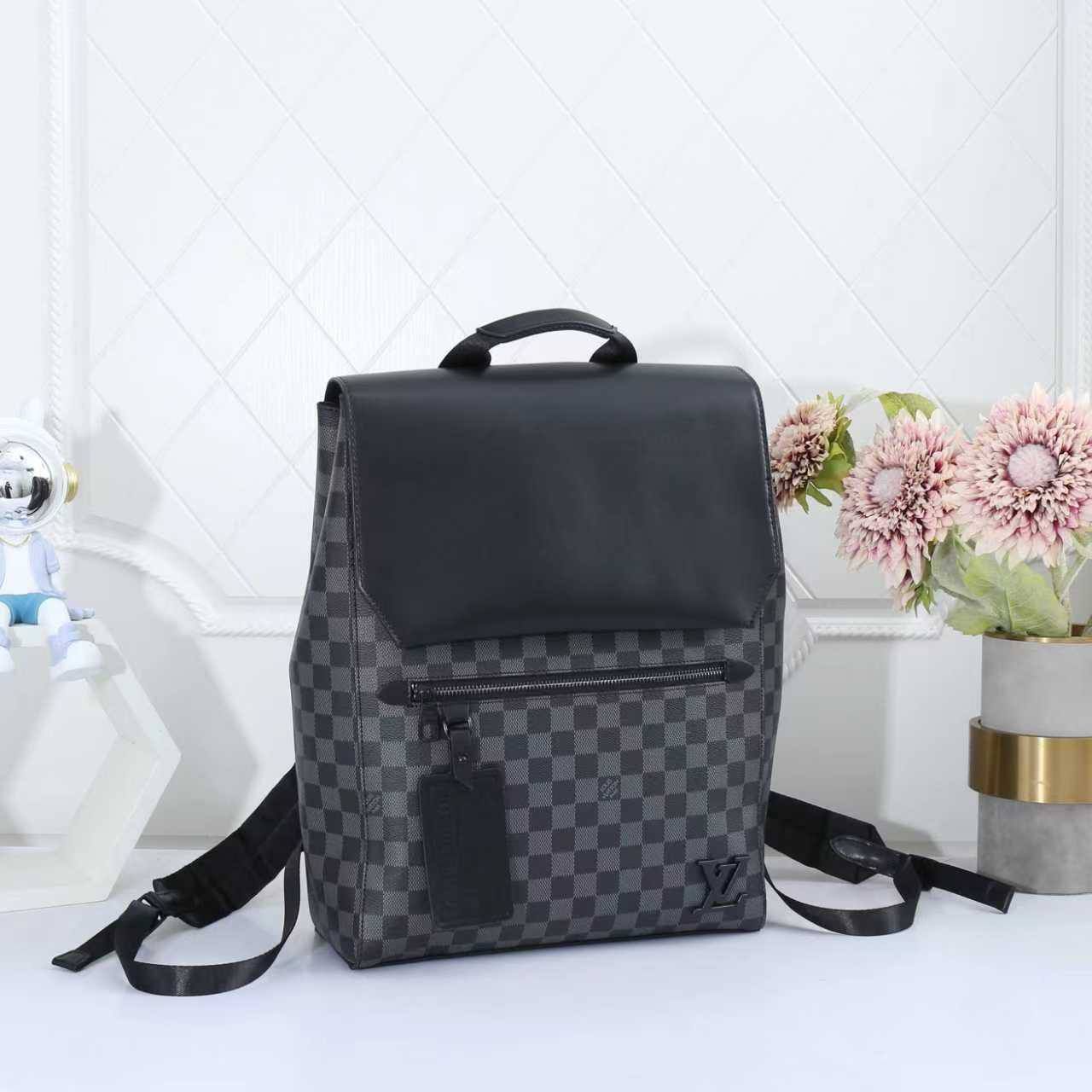 Luxury Monogram & Black Leather Backpack – The Ultimate Blend of Function & Style | D-E14 – Image 3