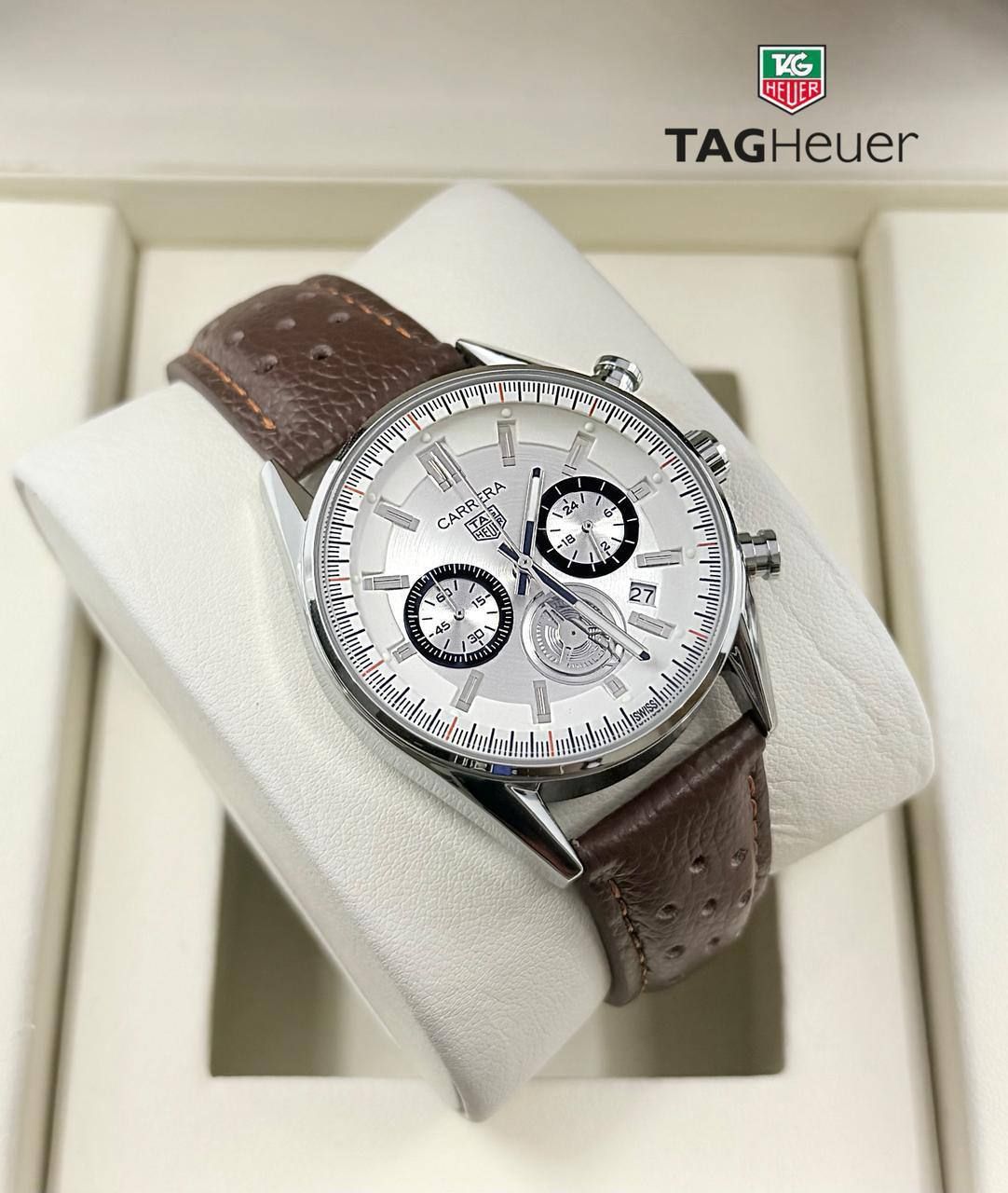 ​Tag Heuer Carrera Premium Sports Watch with Perforated Leather Strap (Master Copy) | D-E13 – Image 1