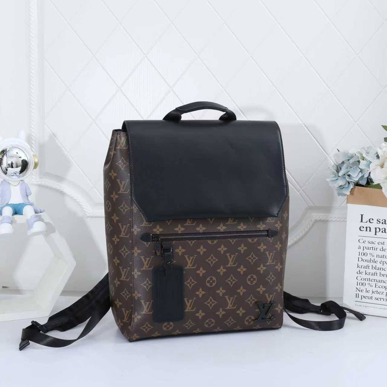 Luxury Monogram & Black Leather Backpack – The Ultimate Blend of Function & Style | D-E14 – Image 1