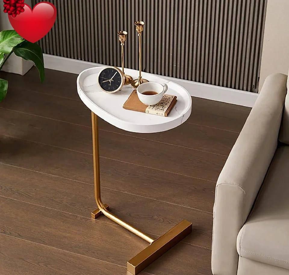 Modern Wooden C-Shape Side Table with Gold Metal Frame for Living Room UAE | D-E49 – Image 1