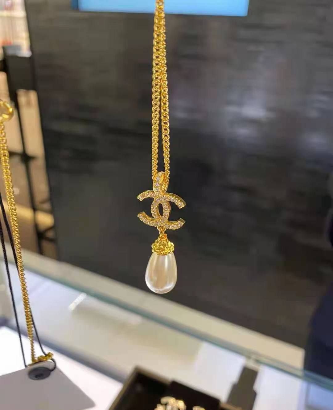 Chanel Inspired Pearl & CC Emblem Necklace (Master Copy) - Gold Crystal Pave Pendant | D-E32 – Image 4