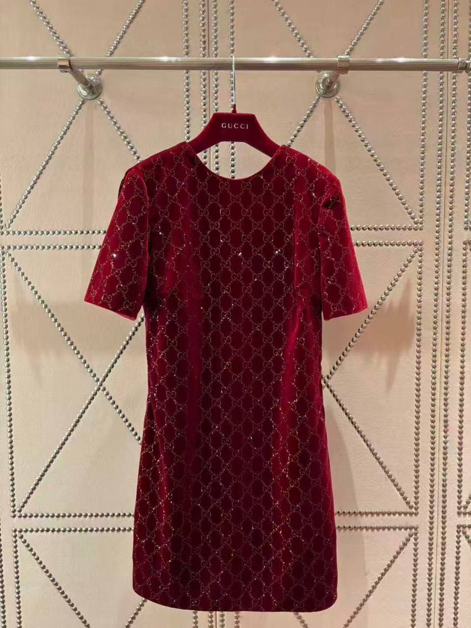 Gucci Red Velvet Short Sleeve Mini Dress | Luxury Evening Wear UAE | D-E47 – Image 3