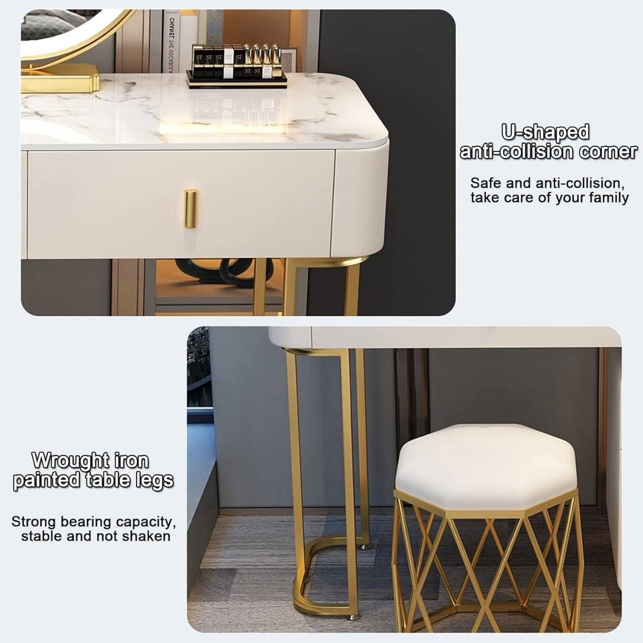 Modern Vanity Makeup Table with LED Light Mirror and Stool UAE | D-E49 – Image 3