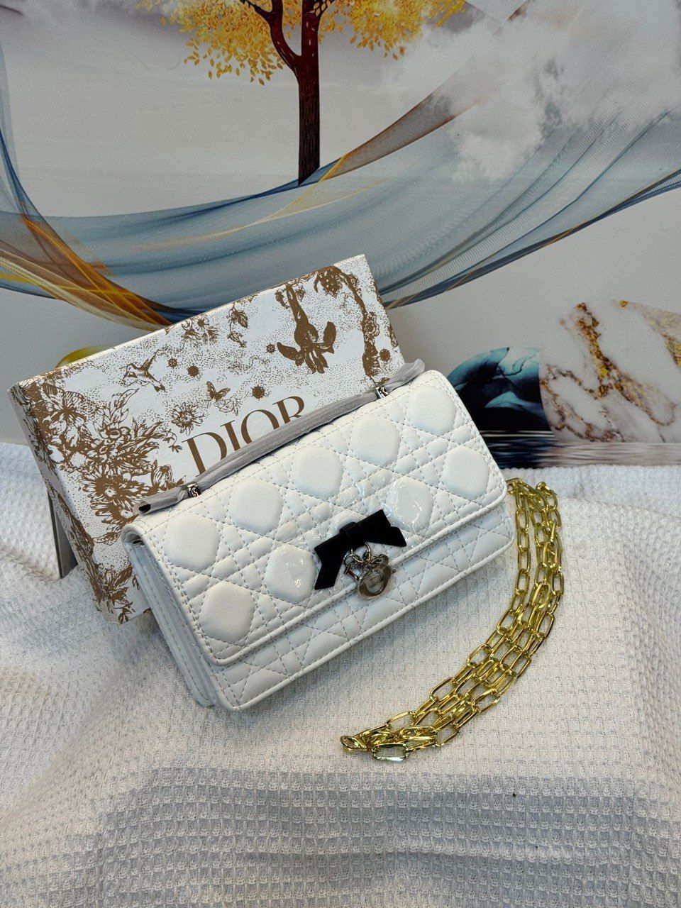 Dior Inspired Quilted Crossbody Bag with Elegant Bow – Pure Sophistication | D-E19 – Image 1