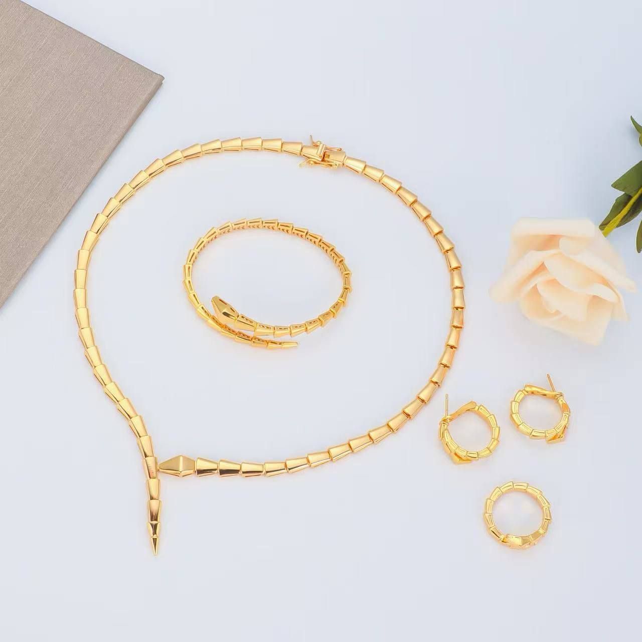 Bvlgari Serpenti Viper Inspired 4-Piece Jewelry Set (High Master) - Sleek Scale Necklace, Bracelet, Ring & Hoop Earrings | D-E32 – Image 1