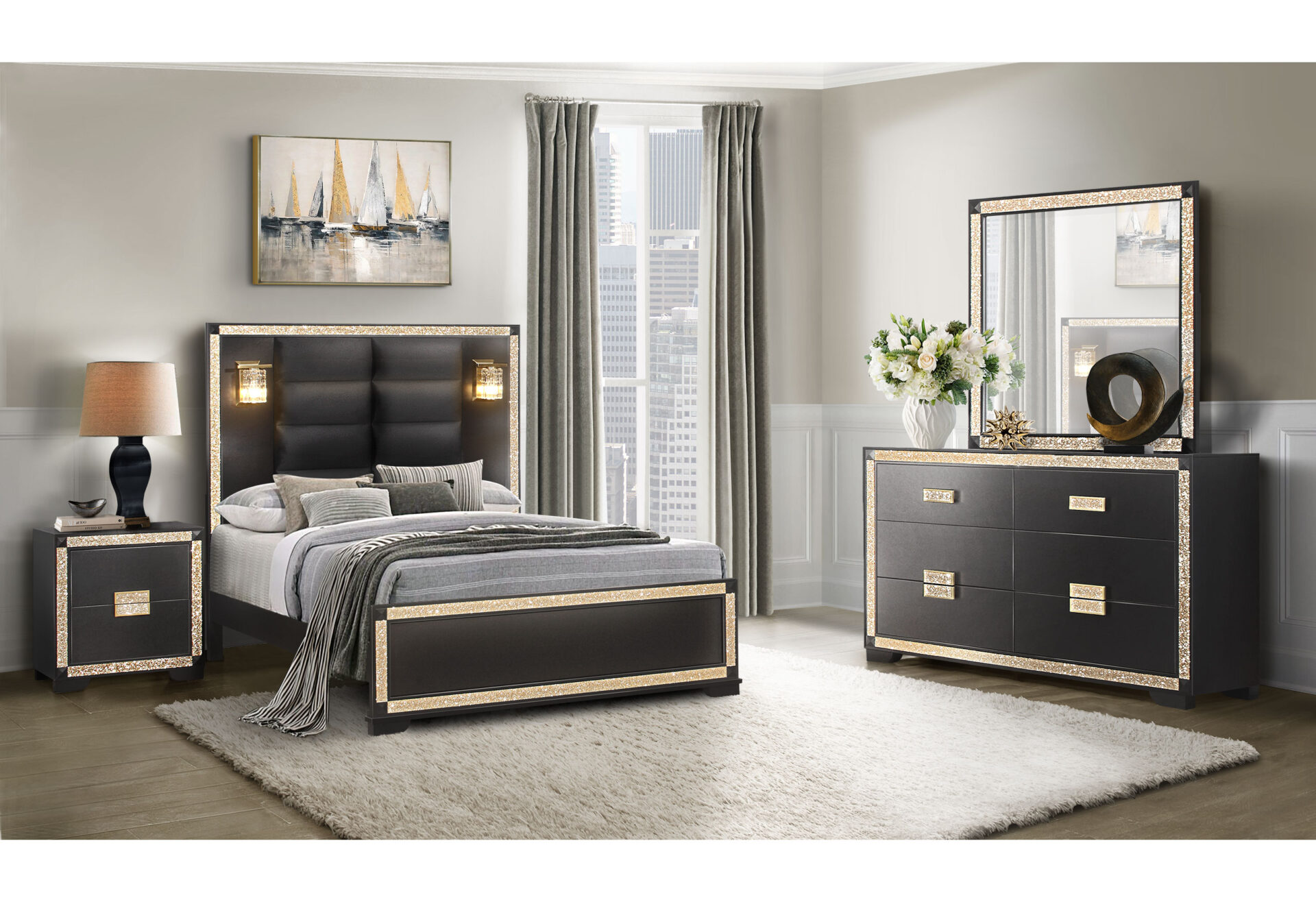  KING BED ROOM SET WITH LAMPS – Image 2