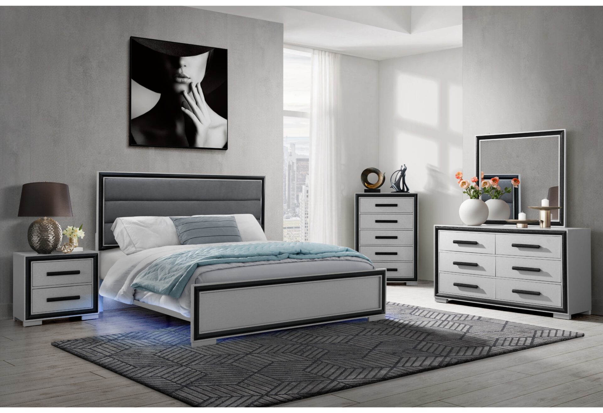 AMELIA GREY BLACK FULL BED ROOM SET W/LED – Image 1