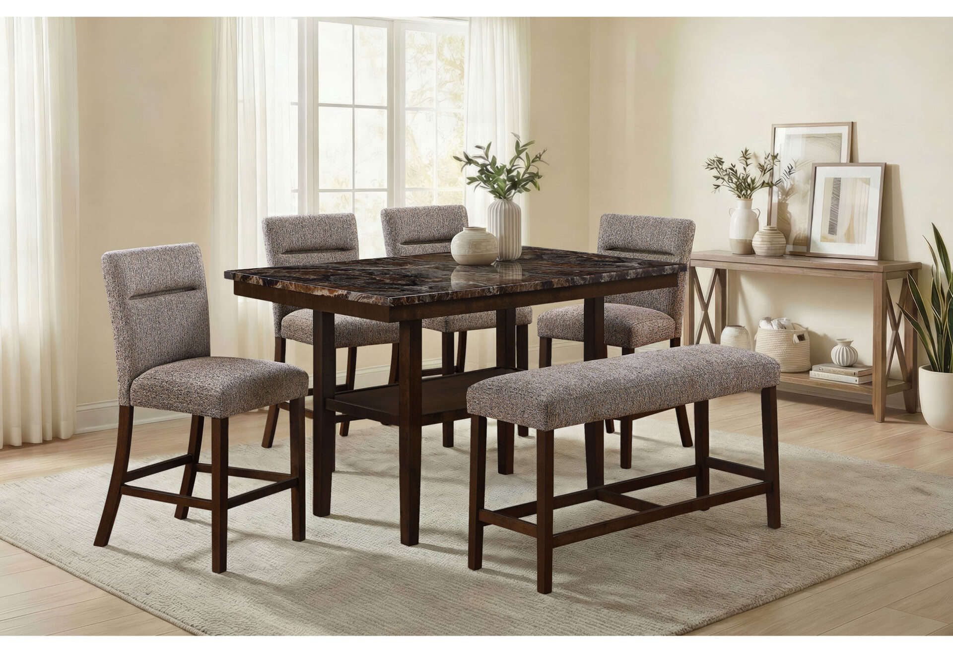 BROWN BAR TABLE WITH 4 BAR STOOLS AND BENCH – Image 1