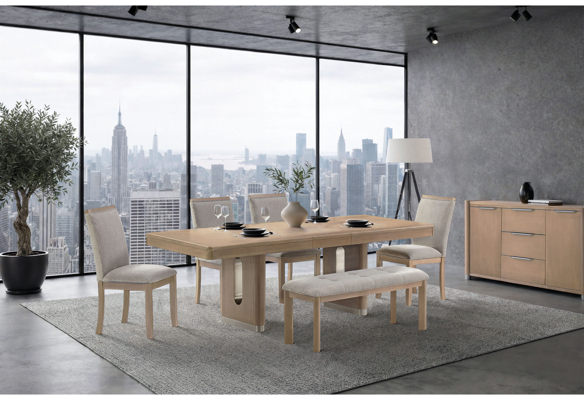 DINING TABLE, 4 DINING CHAIRS AND BENCH – Image 1