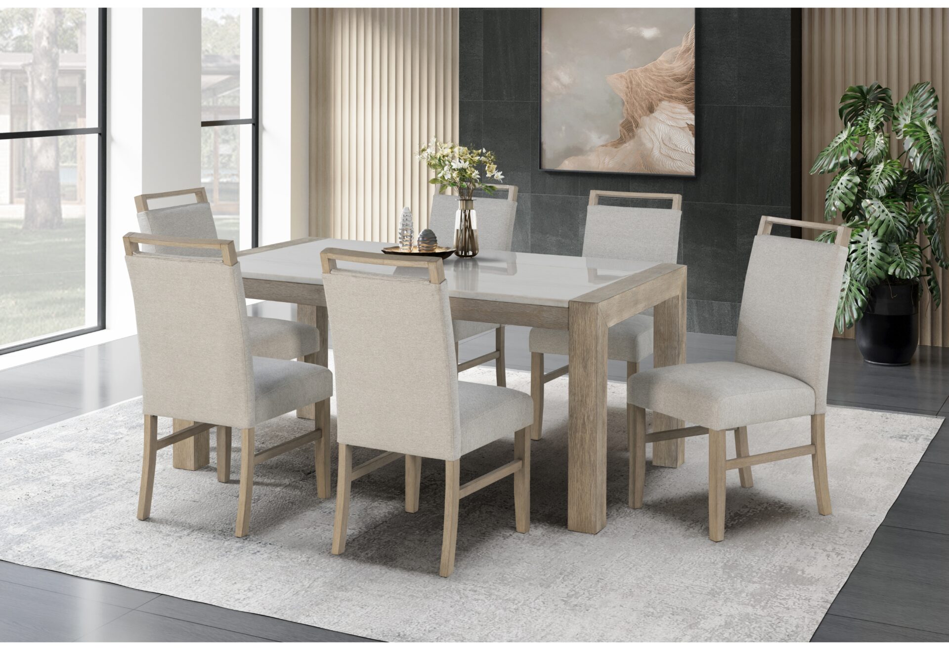 DINING TABLE +6  LIGHT GREY CHAIRS – Image 1