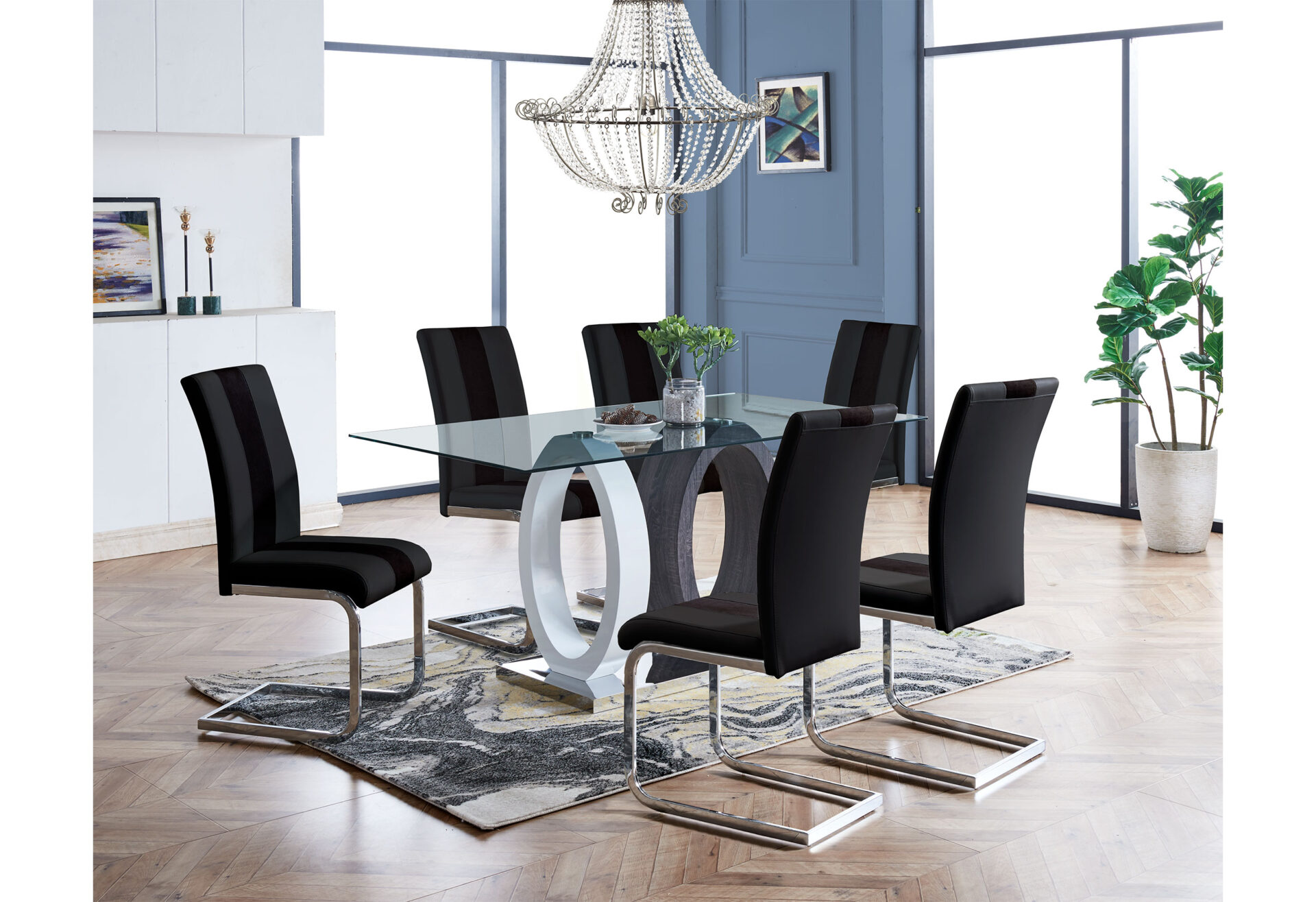 DINING TABLE + 6 BLACK DINING CHAIRS – Image 1