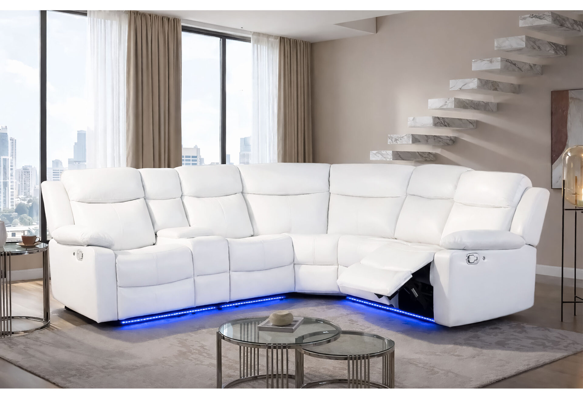 BLANCHE WHITE RIGHT SIDE FACING SECTIONAL WITH LED AND SPEAKER – Image 1