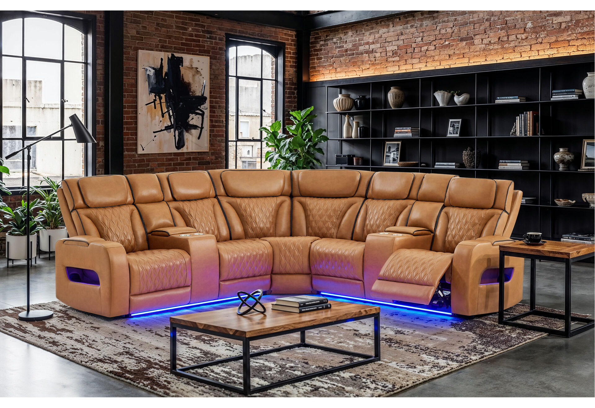 CAMEL SECTIONAL LIVING ROOM  WITH POWER HEADREST, CONTINUOUS LED AND SPEAKER – Image 1