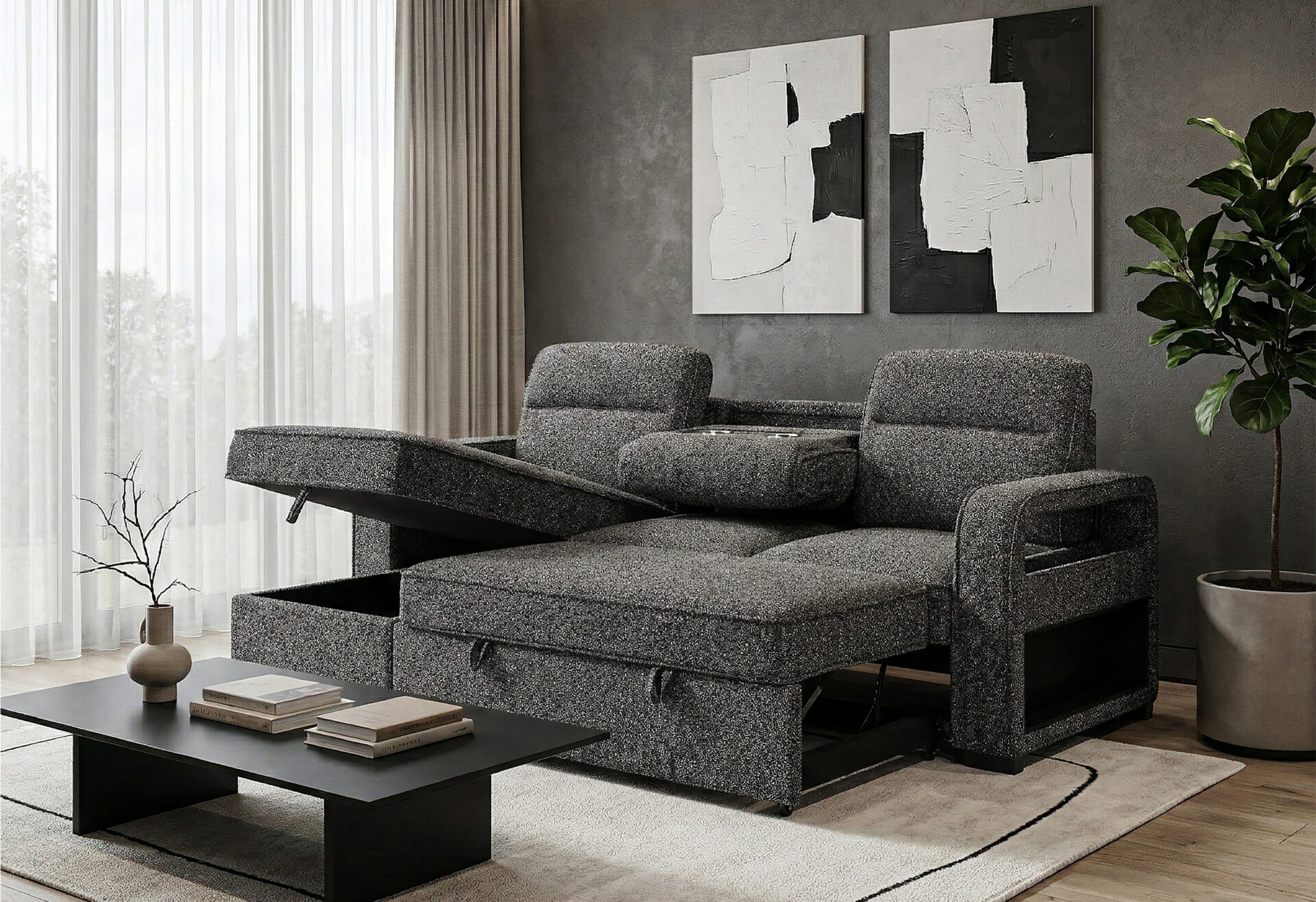 DARK GREY REVERSIBLE SOFA BED WITH DROP DOWN TABLE AND SPEAKER – Image 2