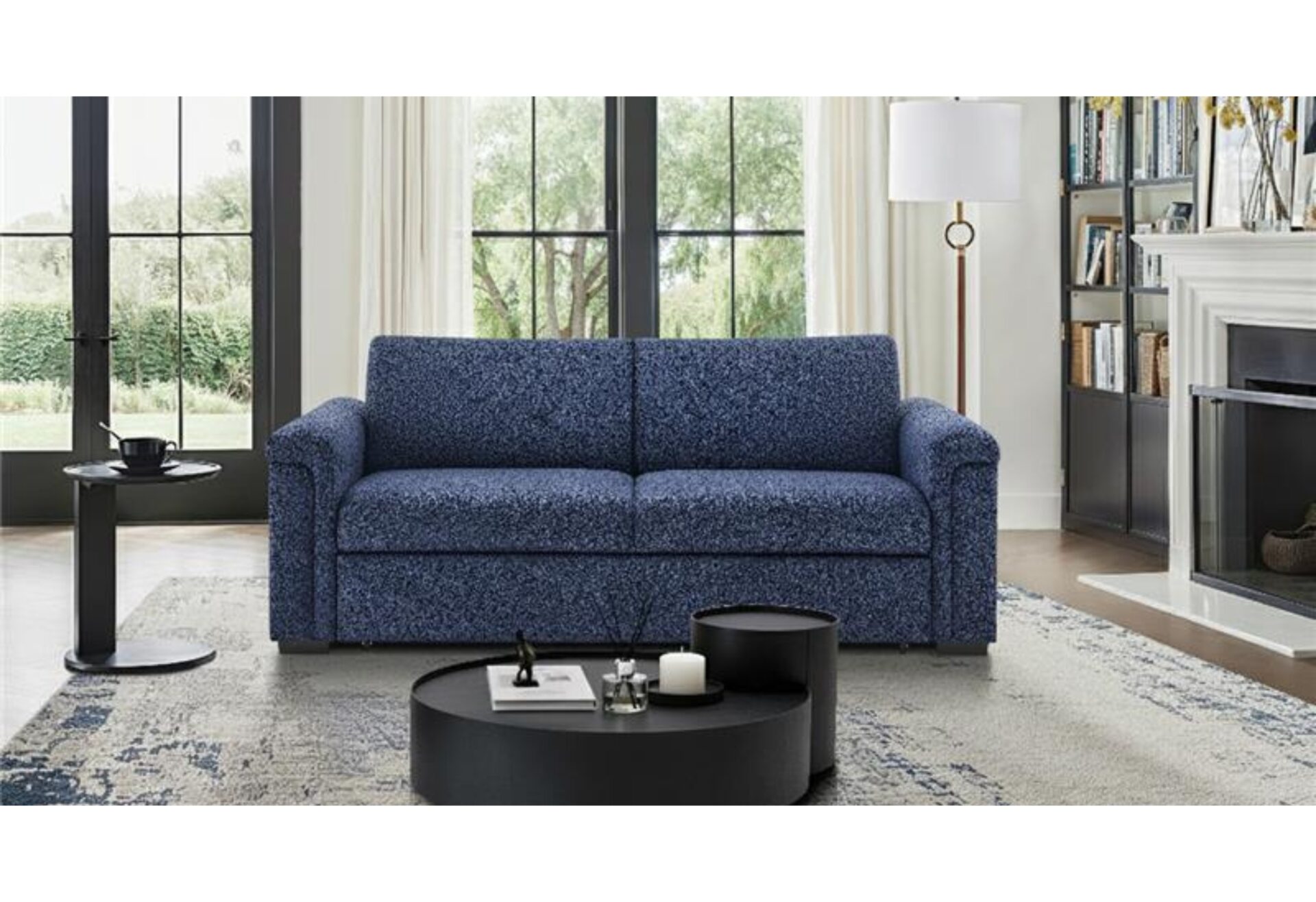 NAVY PULL OUT SOFA BED WITH LED ACRYLIC SHELVES AND SPEAKERS – Image 1