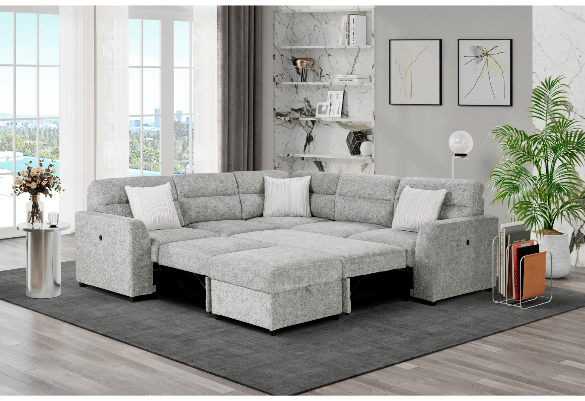 NICKEL SOFA BED SECTIONAL WITH 3 PILLOWS AND OTTOMAN – Image 2