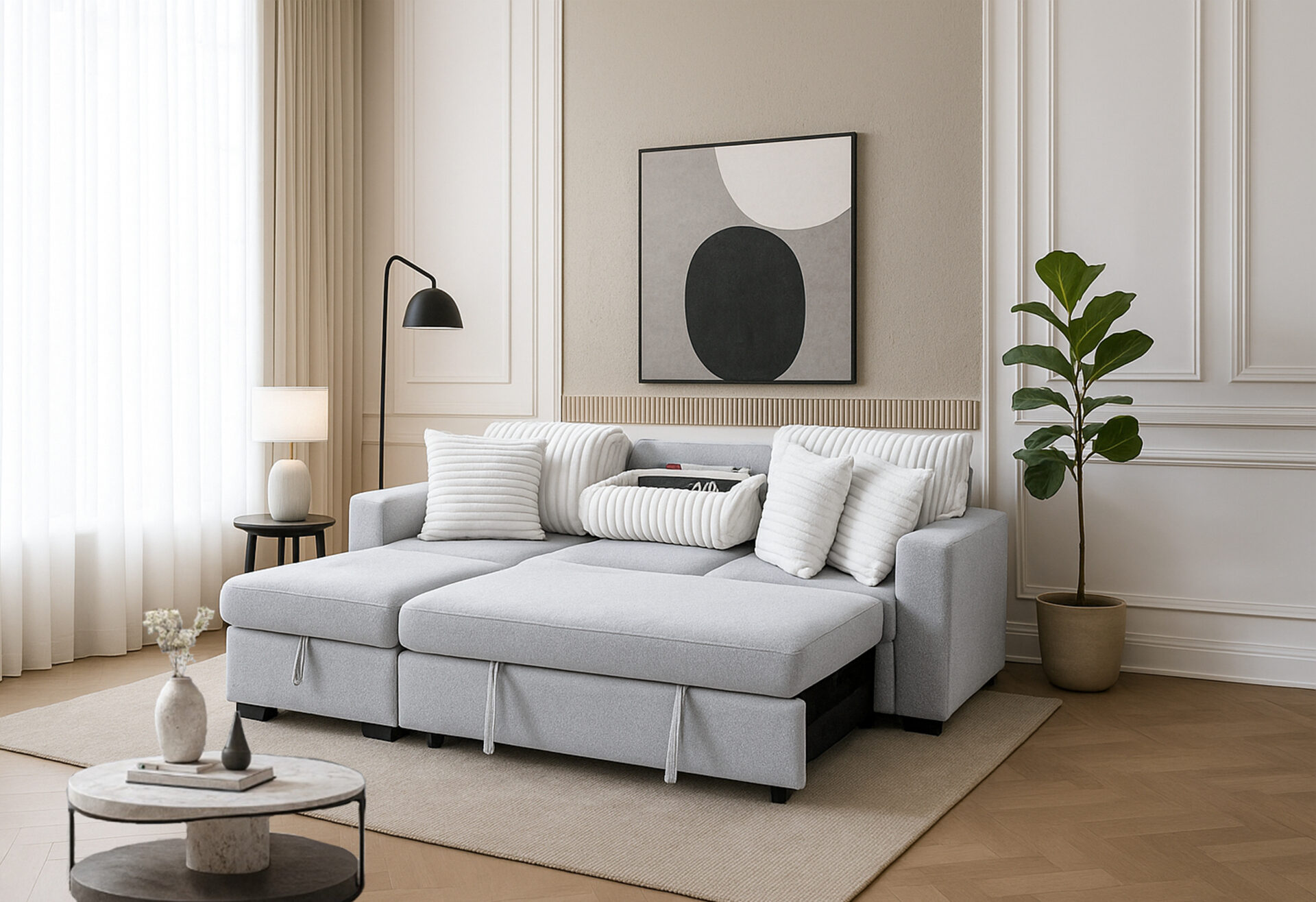 LIGHT GREY/WHITE REVERSIBLE PULL OUT SOFA BED – Image 2