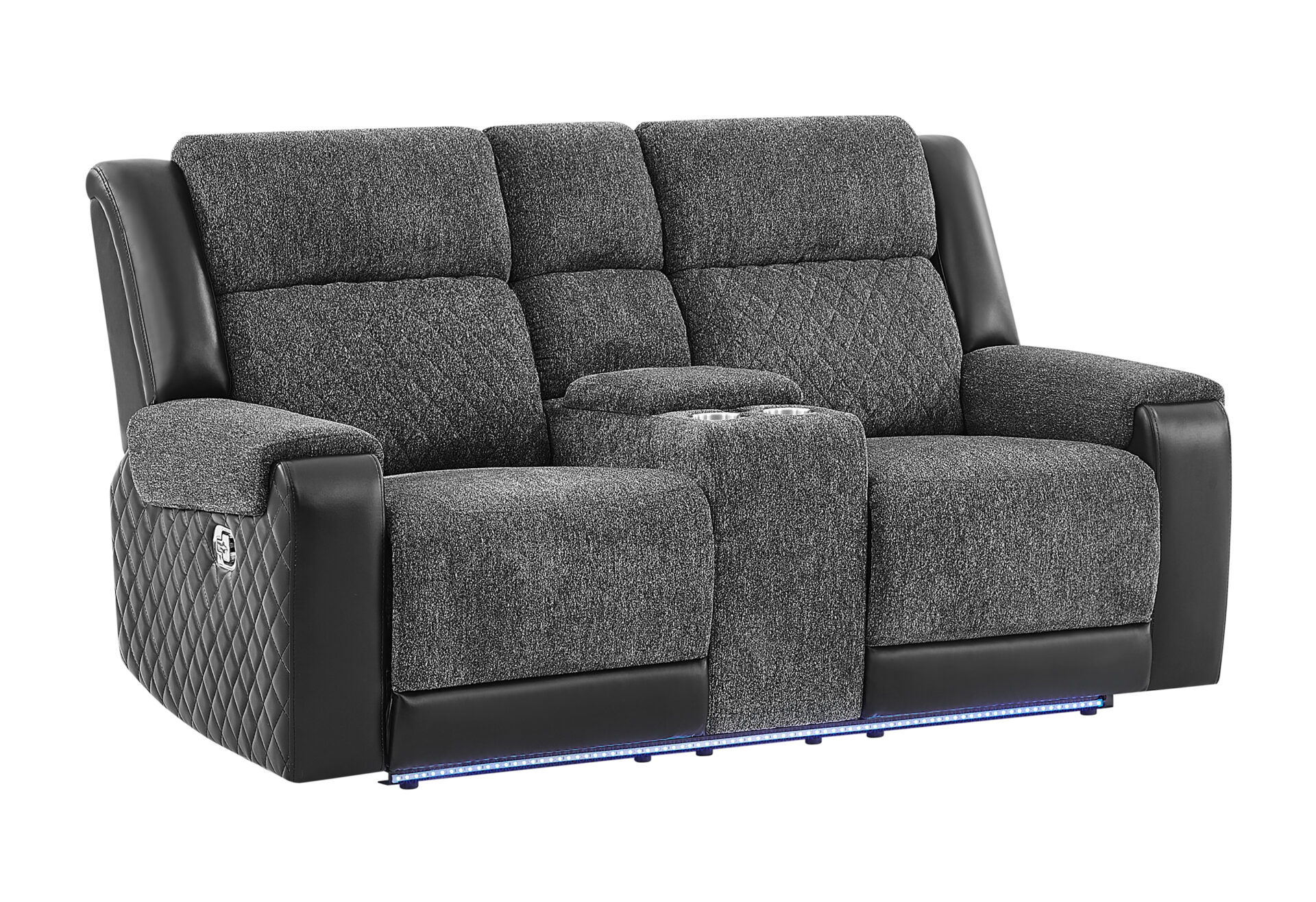 GREY/BLACK CONSOLE REC LOVESEAT W/IMMERSIVE SOUND & BLUE LED – Image 1