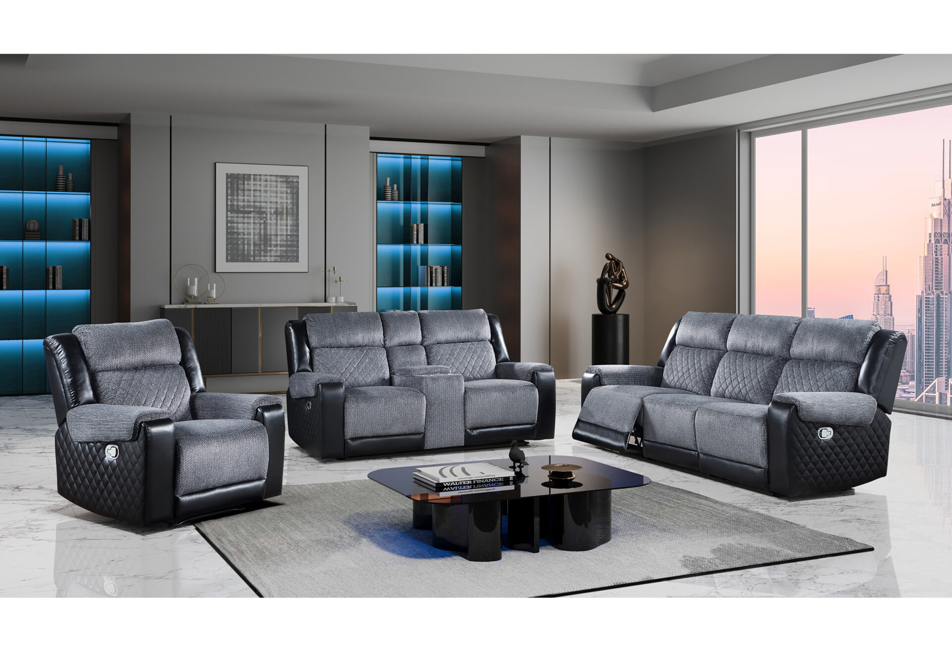 GREY/BLACK REC SOFA/CRLS W/IMMERSIVE SOUND & BLUE LED/REC – Image 1