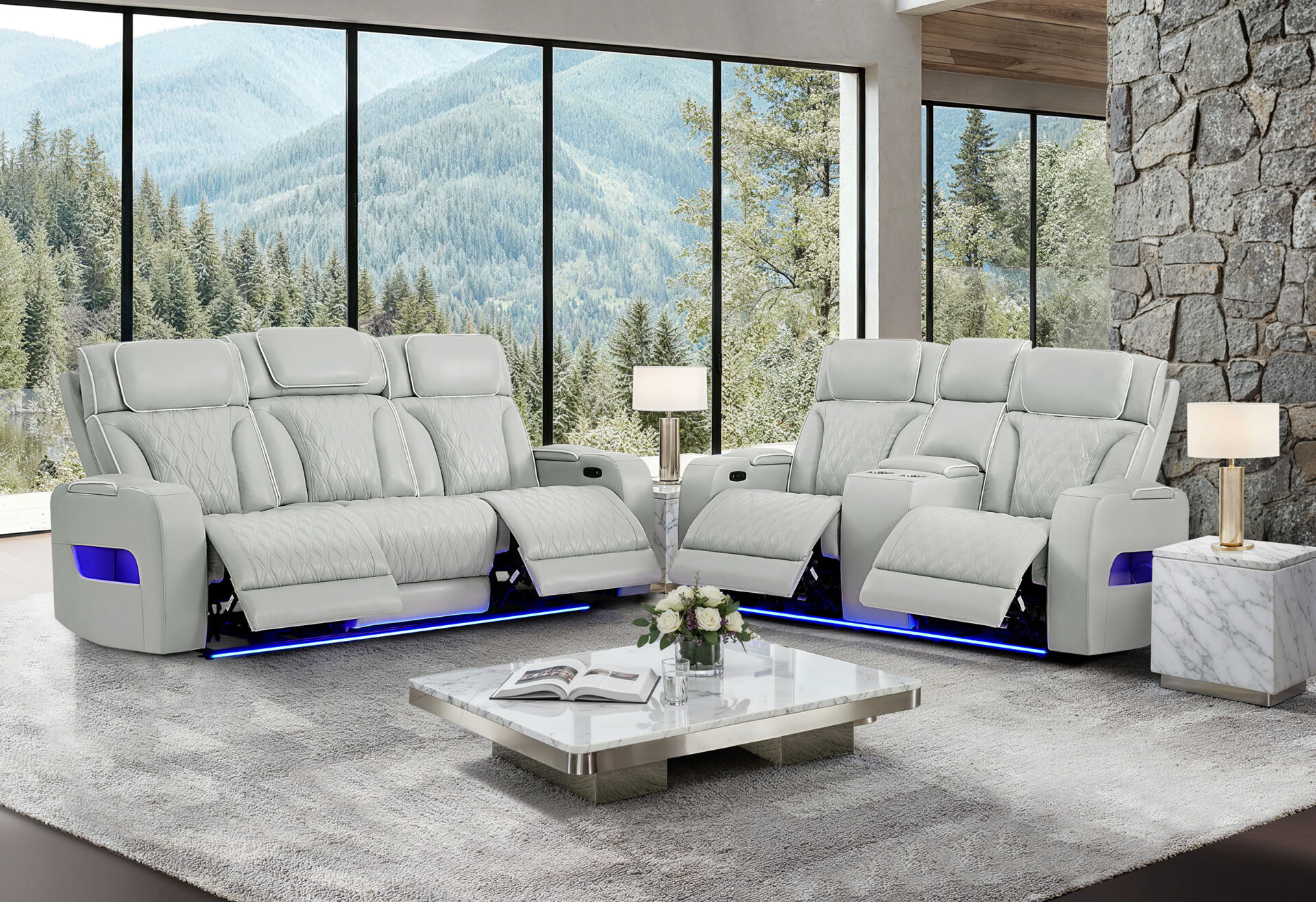 GREY RECLINING SOFA/CONSOLE RECLINING LOVESEAT/GLIDER RECLINER – Image 1