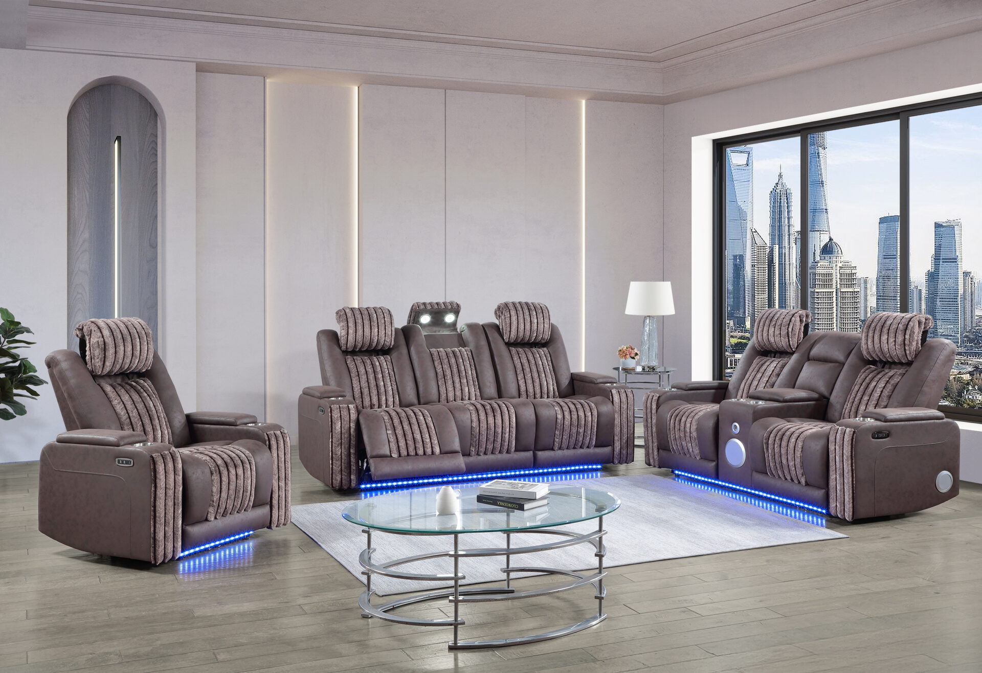 BROWN PWR REC SOFA/PWR CON REC LOVESEAT/PWR RECLINER W/PHR – Image 1