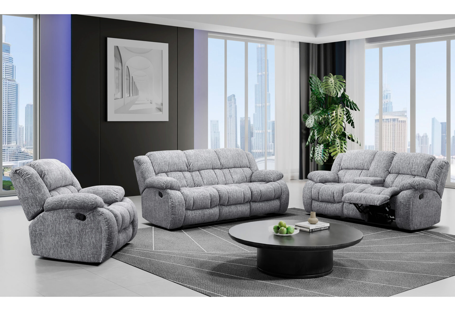 GREY RECLINING SOFA/CONSOLE RECLINING LOVESEAT/GLIDER RECLINER – Image 1
