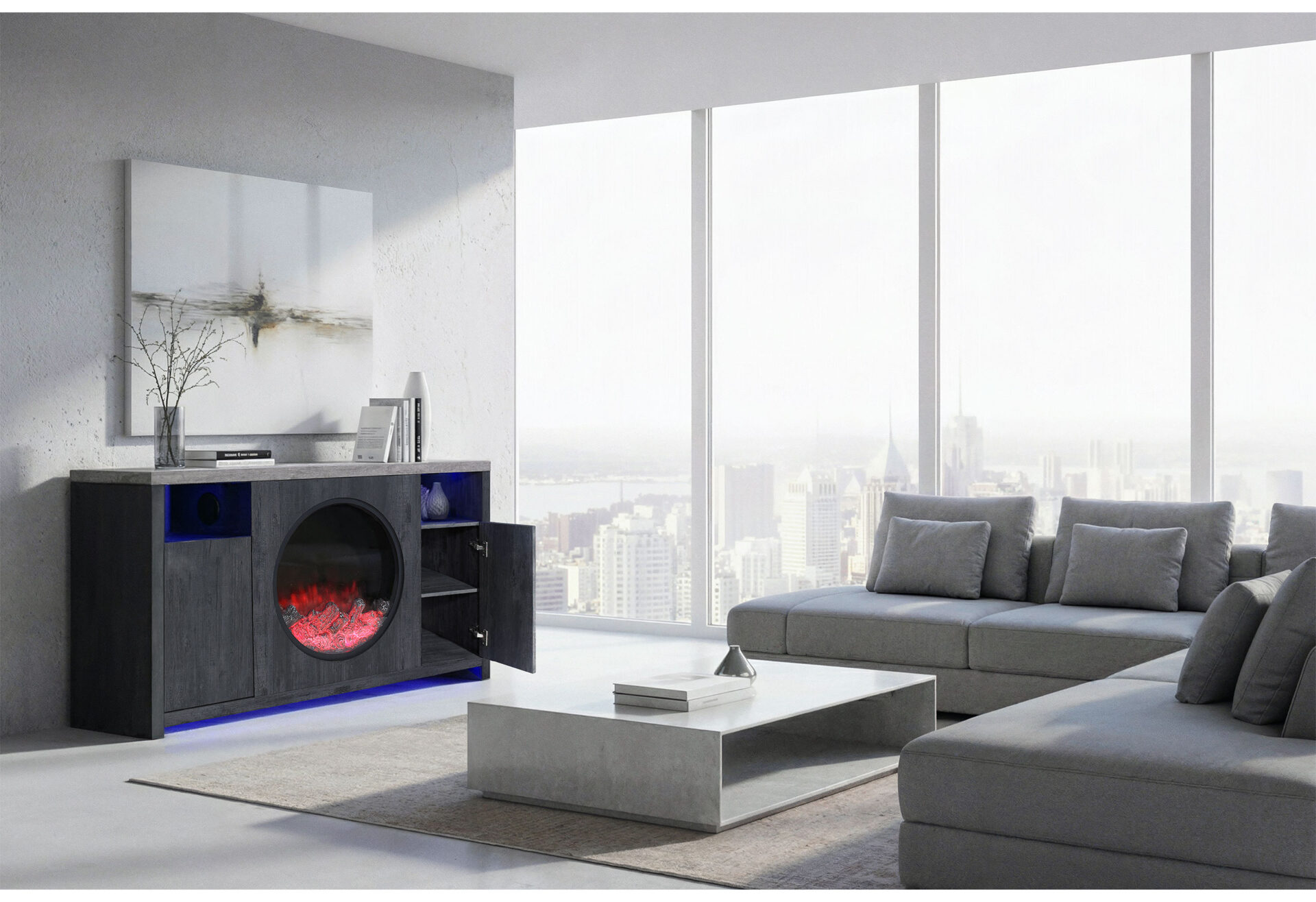 NYLA GREY 60" ENTERTAINMENT UNIT WITH SPEAKERS AND LED – Image 2