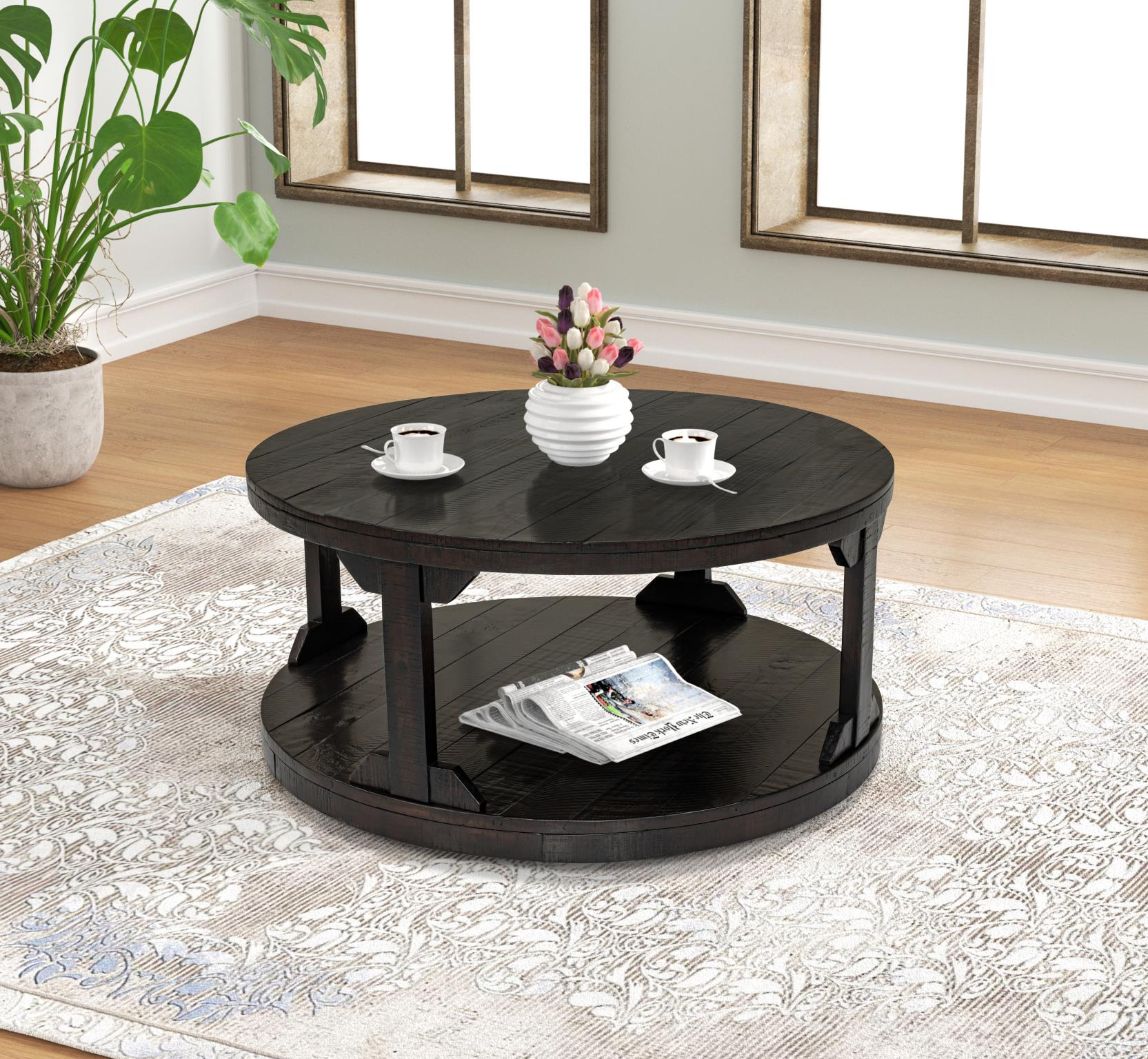 Celia - Rustic Round Coffee Table with Storage Shelf – Image 1