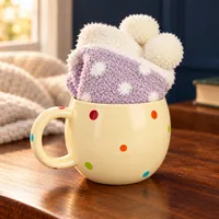 A Little Cup of Happy — Polka Dot Mug – Mug with cozy socks (Color & Style will vary)