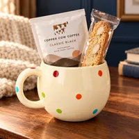 A Little Cup of Happy — Polka Dot Mug – Mug with Copper Cow Pour Over Coffee & Biscotti