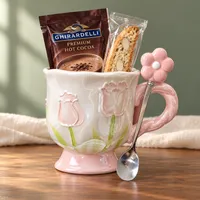 Blushing Tulip Mug & Spoon Set – Mug & Spoon with Hot Chocolate & Biscotti