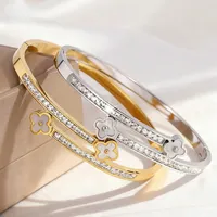 Dual-Tone Clover & Crystal Bangle Stainless Steel Bracelets Set – Image 1