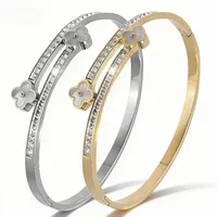 Dual-Tone Clover & Crystal Bangle Stainless Steel Bracelets Set – Image 4