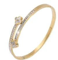 Dual-Tone Clover & Crystal Bangle Stainless Steel Bracelets Set – Image 2