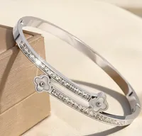 Dual-Tone Clover & Crystal Bangle Stainless Steel Bracelets Set – Image 3