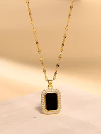 Black Onyx Square Pendant Gold Chain Necklace – Image 1