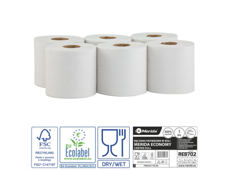 Belsőmag adagolású rolnis kéztörlő, fehér, újrahasznosított, 1réteg, 210m, 6 tekercs/csomag – Image 1