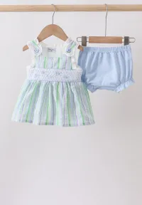 Green Stripe Smocked Bow Seersucker Bloomer Set – Image 1