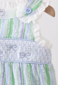 Green Stripe Smocked Bow Seersucker Bubble  – Image 2