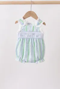 Green Stripe Smocked Bow Seersucker Bubble  – Image 1
