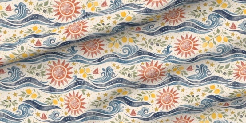 Fabric | Coastal Waves Lemons Olives and Sun Motif - Mediterranean Summer – Midnight Riviera