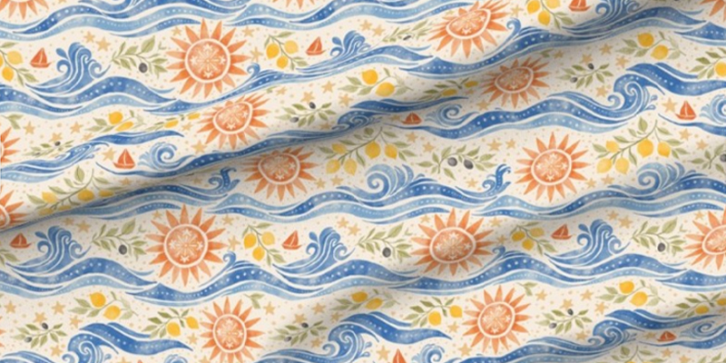 Fabric | Coastal Waves Lemons Olives and Sun Motif - Mediterranean Summer – Citrus Coast