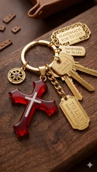 The Crimson Covenant Cross – Scalloped Edge, Gold Key Chain 