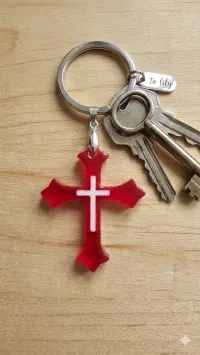 The Crimson Covenant Cross – Scalloped Edge, Silver Key Chain 