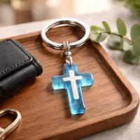 The Living Waters Cross – Squared Edge, Silver Key Chain